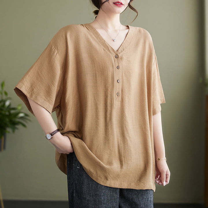 Camicia in viscosa a mezza manica con scollo a V e design casual semplice da donna Buddha Stones