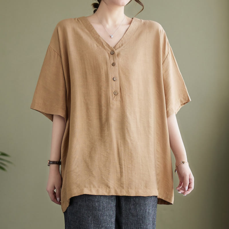 Camicia in viscosa a mezza manica con scollo a V e design casual semplice da donna Buddha Stones