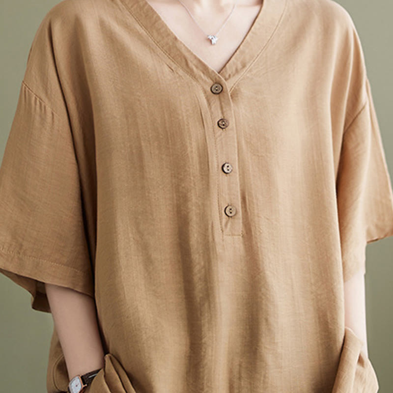 Camicia in viscosa a mezza manica con scollo a V e design casual semplice da donna Buddha Stones