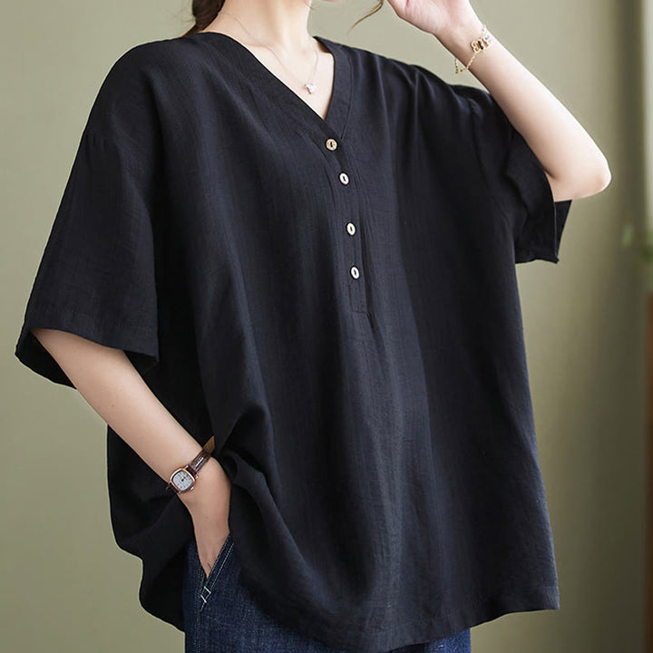 Camicia in viscosa a mezza manica con scollo a V e design casual semplice da donna Buddha Stones