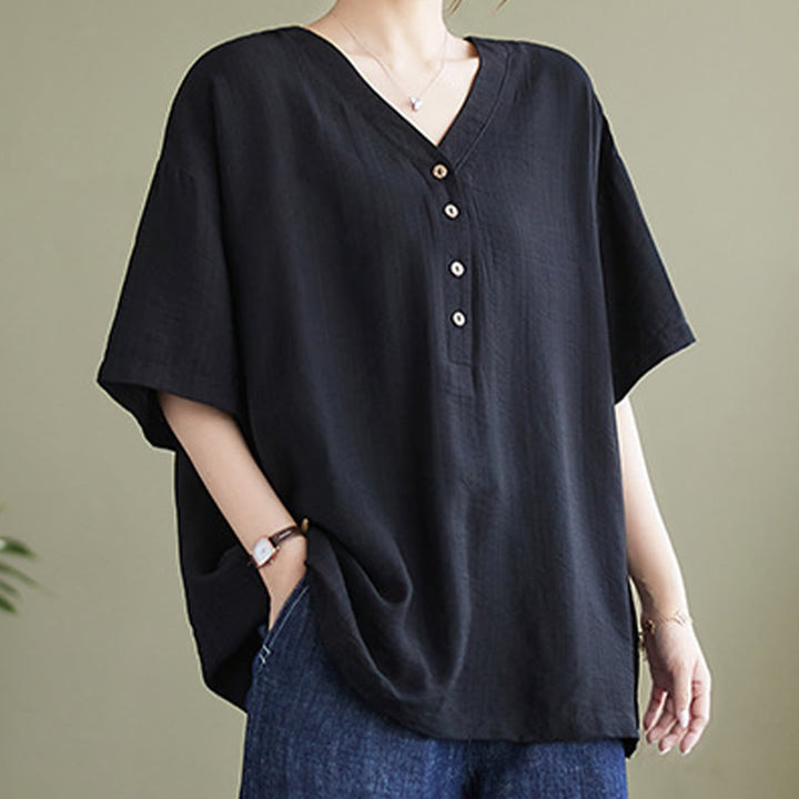 Camicia in viscosa a mezza manica con scollo a V e design casual semplice da donna Buddha Stones