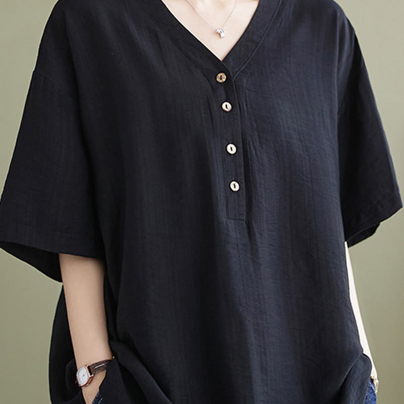 Camicia in viscosa a mezza manica con scollo a V e design casual semplice da donna Buddha Stones