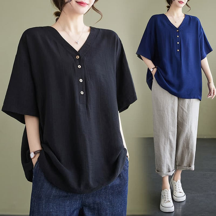 Camicia in viscosa a mezza manica con scollo a V e design casual semplice da donna Buddha Stones