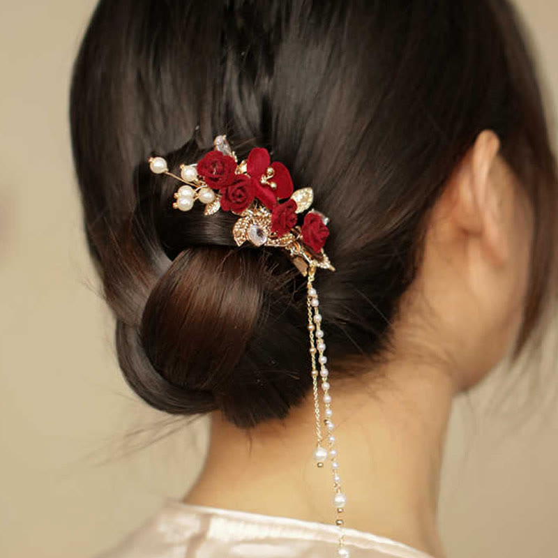 Fermaglio per capelli laterale con nappa di fiori di camelia rossa in stile cinese retrò Buddha Stones