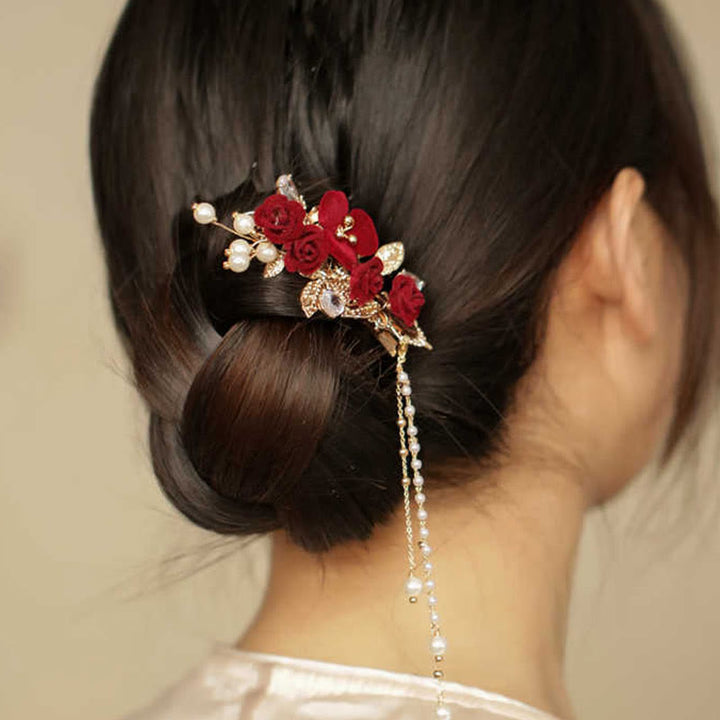 Fermaglio per capelli laterale con nappa di fiori di camelia rossa in stile cinese retrò Buddha Stones