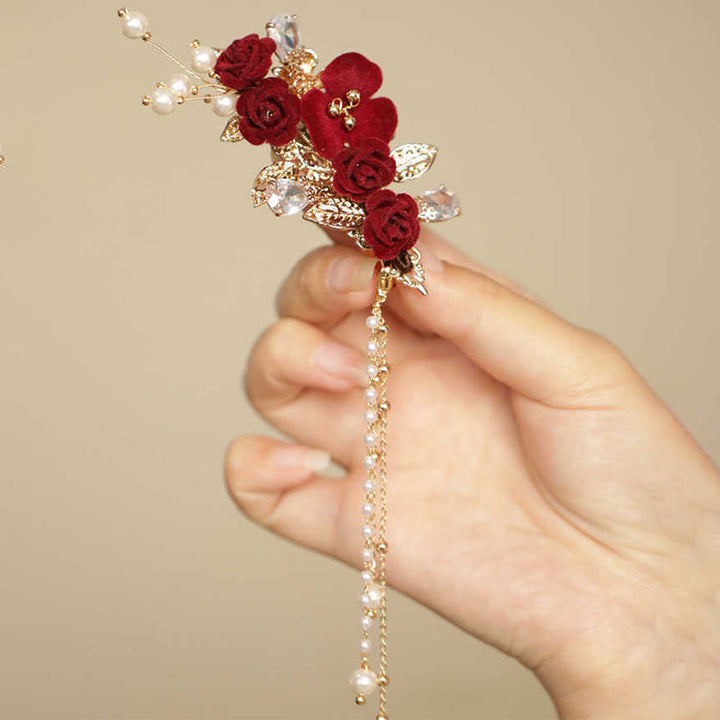 Fermaglio per capelli laterale con nappa di fiori di camelia rossa in stile cinese retrò Buddha Stones