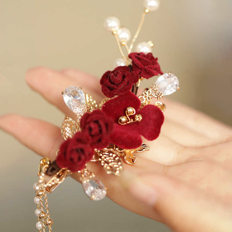 Fermaglio per capelli laterale con nappa di fiori di camelia rossa in stile cinese retrò Buddha Stones