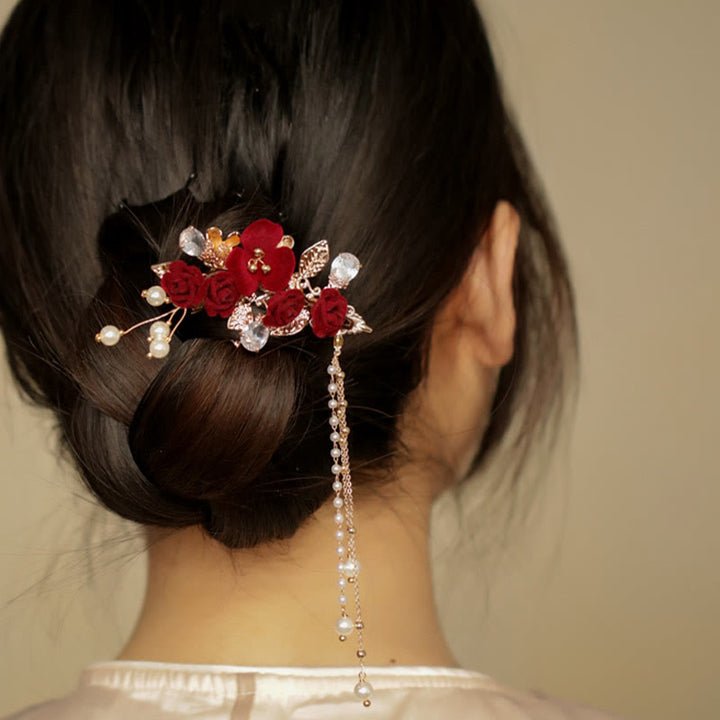 Fermaglio per capelli laterale con nappa di fiori di camelia rossa in stile cinese retrò Buddha Stones