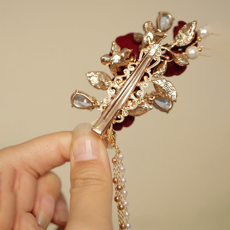 Fermaglio per capelli laterale con nappa di fiori di camelia rossa in stile cinese retrò Buddha Stones