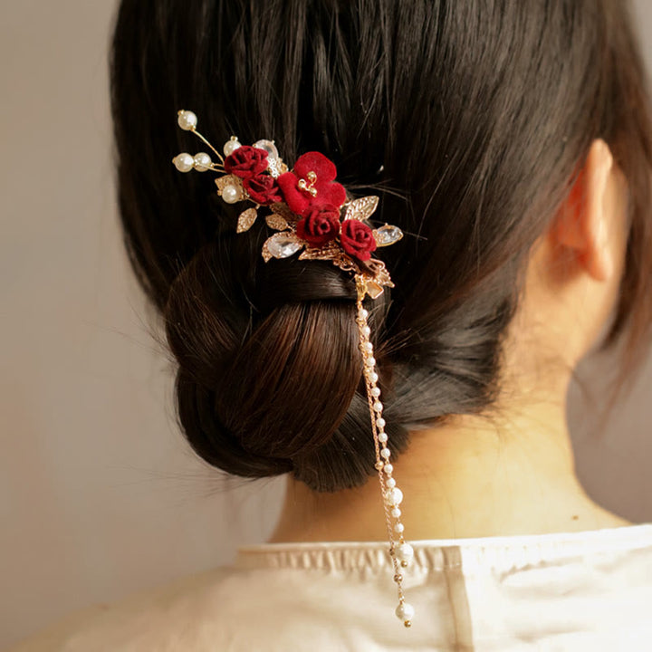 Fermaglio per capelli laterale con nappa di fiori di camelia rossa in stile cinese retrò Buddha Stones