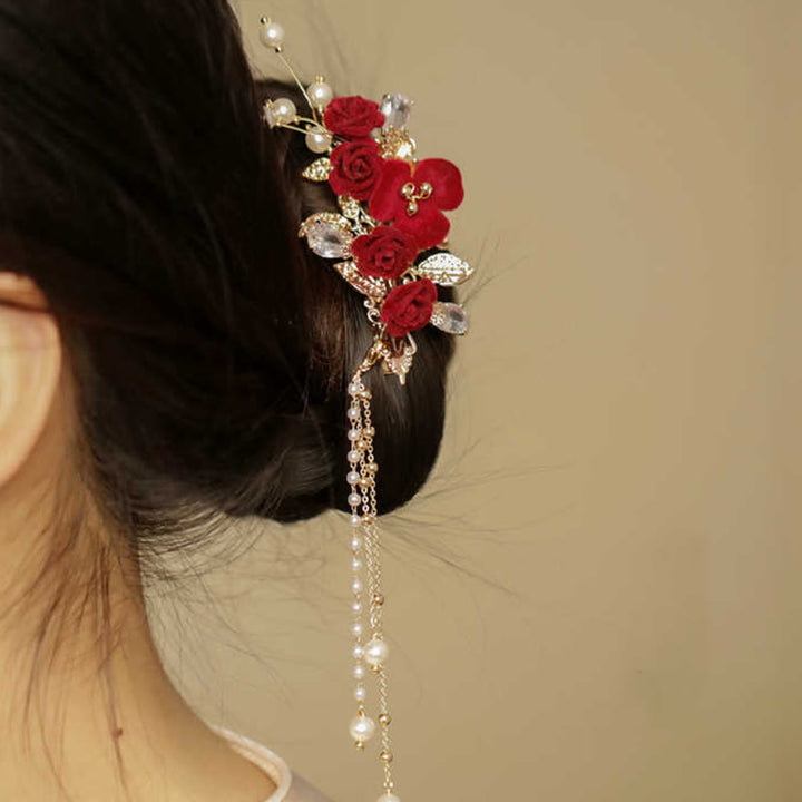 Fermaglio per capelli laterale con nappa di fiori di camelia rossa in stile cinese retrò Buddha Stones