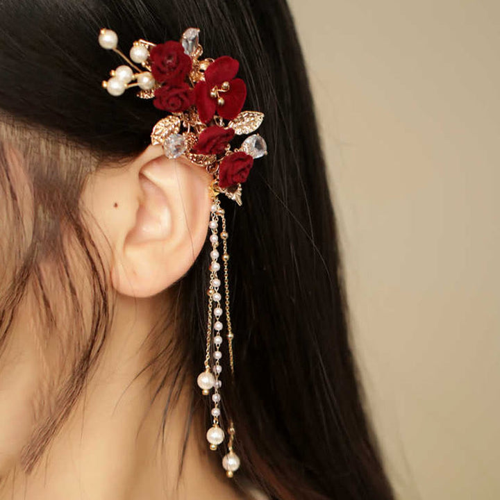 Fermaglio per capelli laterale con nappa di fiori di camelia rossa in stile cinese retrò Buddha Stones