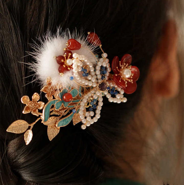 Fermaglio per capelli con perle a forma Buddha Stones farfalla, fiore rosso, stile cinese classico
