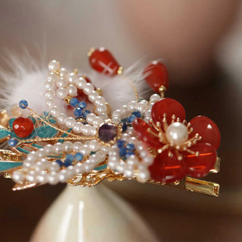 Fermaglio per capelli con perle a forma Buddha Stones farfalla, fiore rosso, stile cinese classico