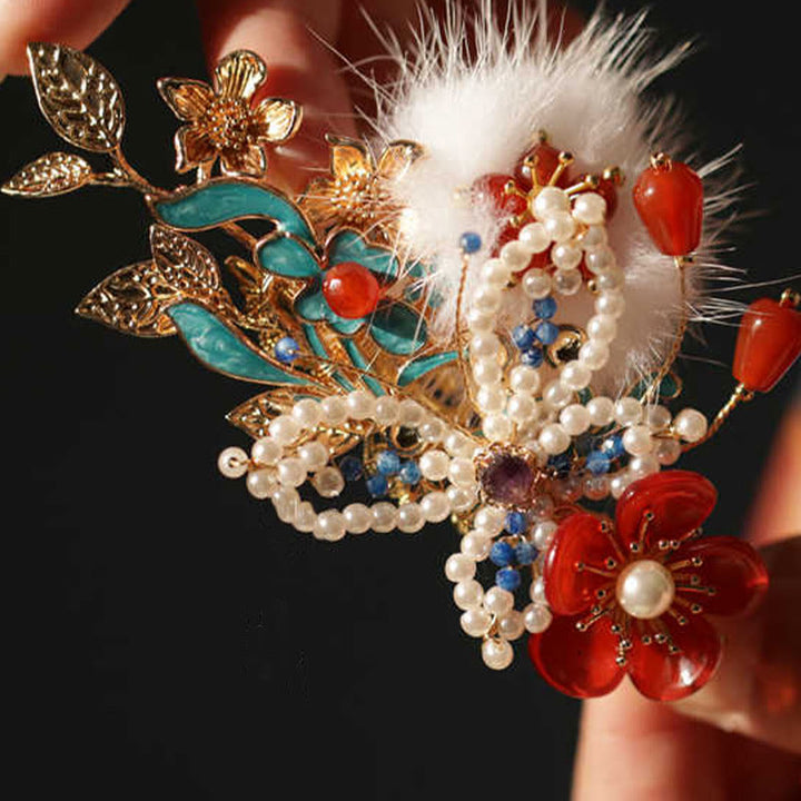 Fermaglio per capelli con perle a forma Buddha Stones farfalla, fiore rosso, stile cinese classico