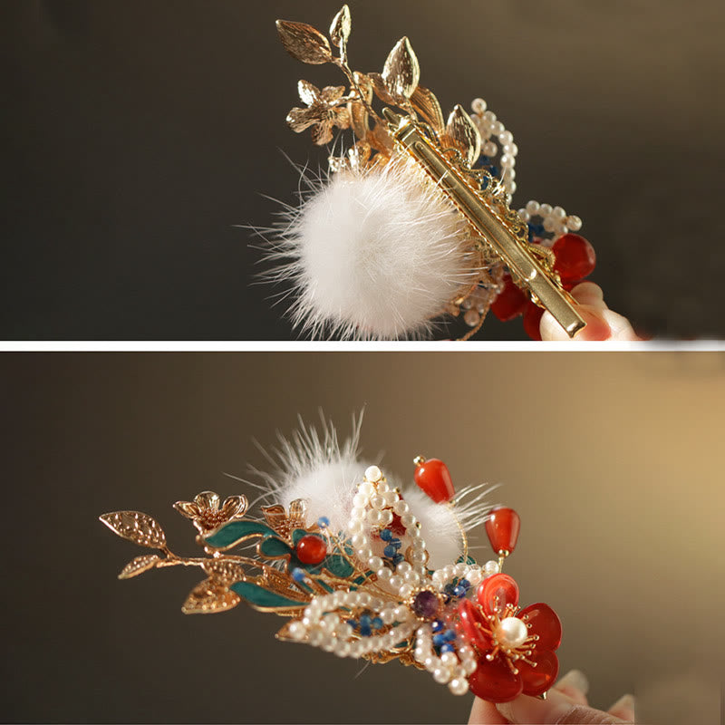 Fermaglio per capelli con perle a forma Buddha Stones farfalla, fiore rosso, stile cinese classico