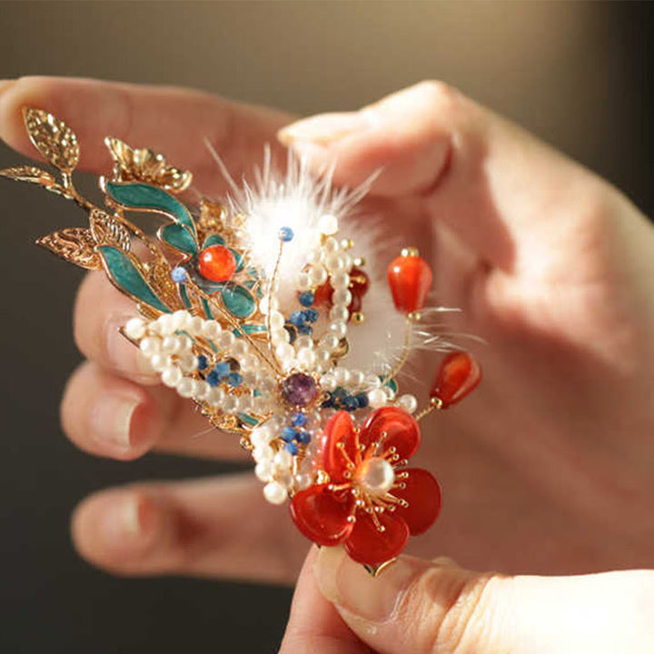 Fermaglio per capelli con perle a forma Buddha Stones farfalla, fiore rosso, stile cinese classico