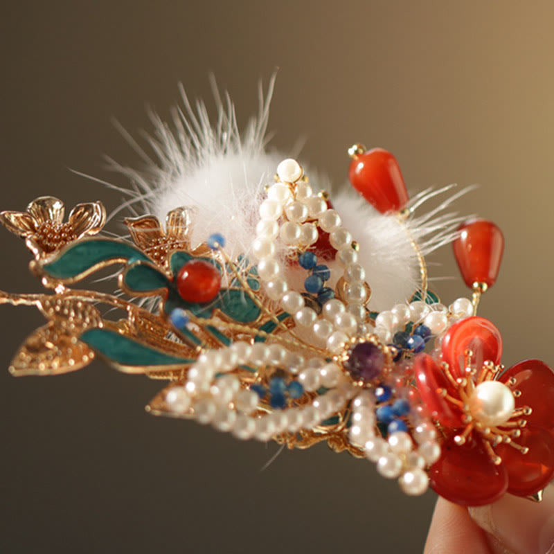 Fermaglio per capelli con perle a forma Buddha Stones farfalla, fiore rosso, stile cinese classico