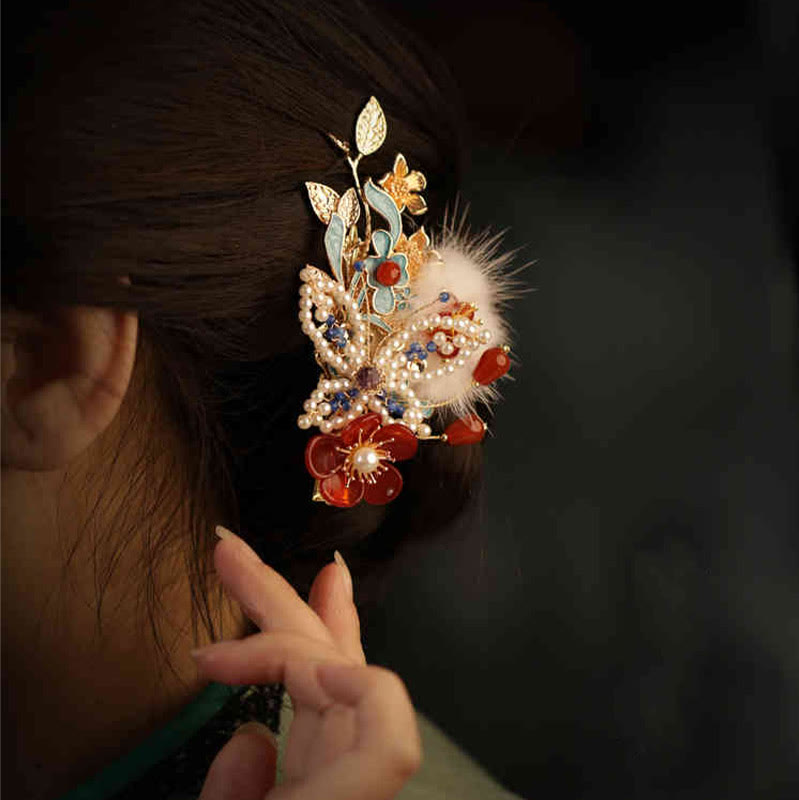 Fermaglio per capelli con perle a forma Buddha Stones farfalla, fiore rosso, stile cinese classico