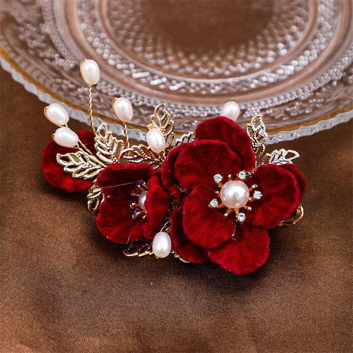 Fermaglio per capelli laterale con camelia rossa vintage Buddha Stones