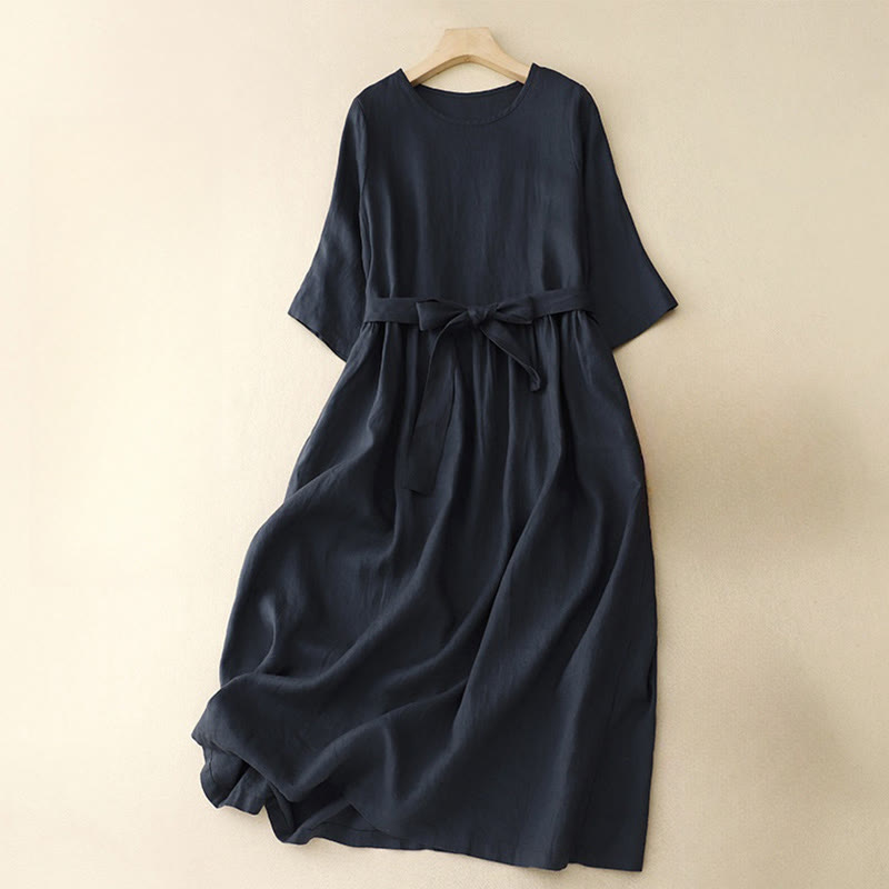 Abito midi in lino e cotone con maniche corte, casual, semplice, girocollo, allacciato, con tasche, Buddha Stones - image 1