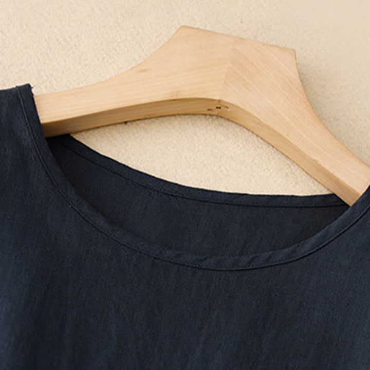 Abito midi in lino e cotone con maniche corte, casual, semplice, girocollo, allacciato, con tasche, Buddha Stones - image 3