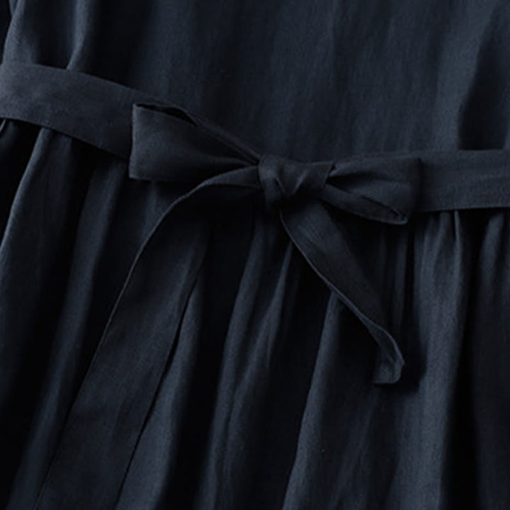 Abito midi in lino e cotone con maniche corte, casual, semplice, girocollo, allacciato, con tasche, Buddha Stones - image 6