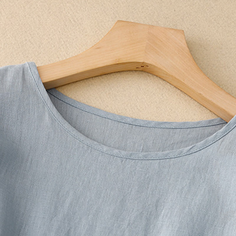 Abito midi in lino e cotone con maniche corte, casual, semplice, girocollo, allacciato, con tasche, Buddha Stones - image 9