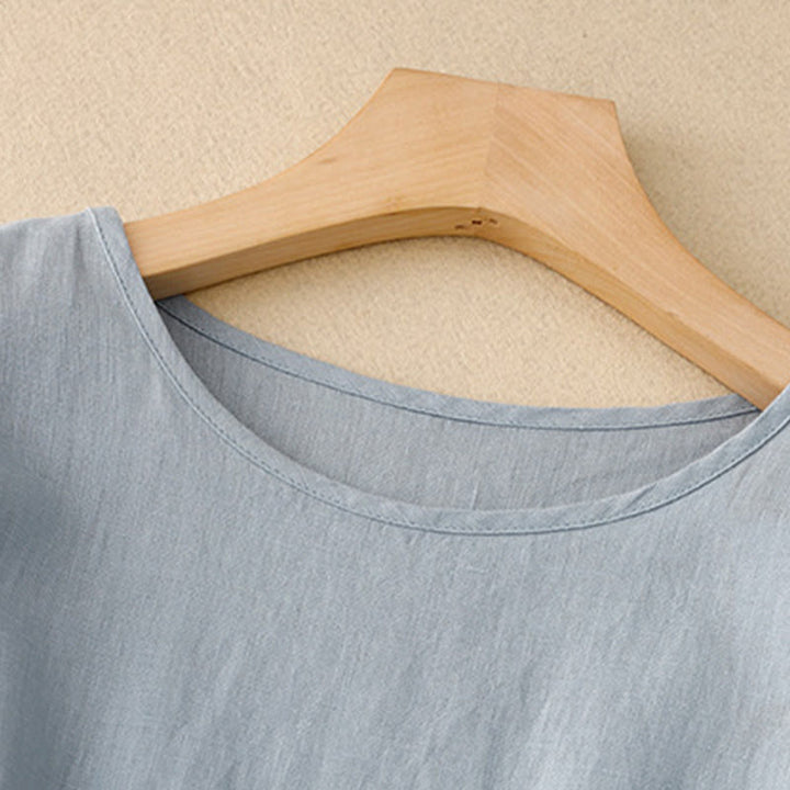 Abito midi in lino e cotone con maniche corte, casual, semplice, girocollo, allacciato, con tasche, Buddha Stones - image 9