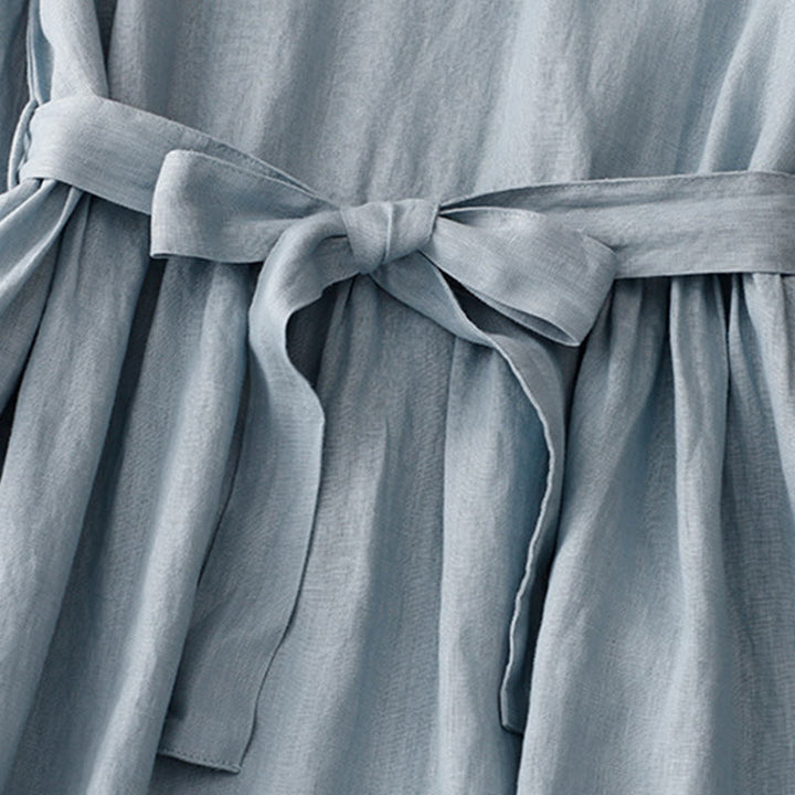 Abito midi in lino e cotone con maniche corte, casual, semplice, girocollo, allacciato, con tasche, Buddha Stones - image 10