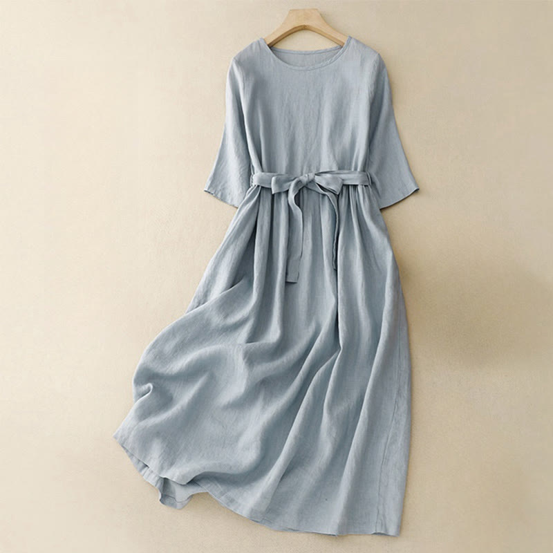 Abito midi in lino e cotone con maniche corte, casual, semplice, girocollo, allacciato, con tasche, Buddha Stones - Cielo blu - US8-10, UK/AU12-14, EU40-42 (2XL) - image 7