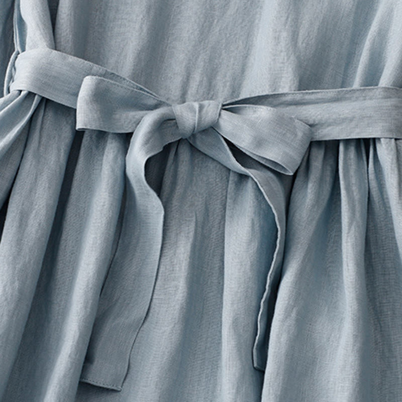 Abito midi in lino e cotone con maniche corte, casual, semplice, girocollo, allacciato, con tasche, Buddha Stones - image 10