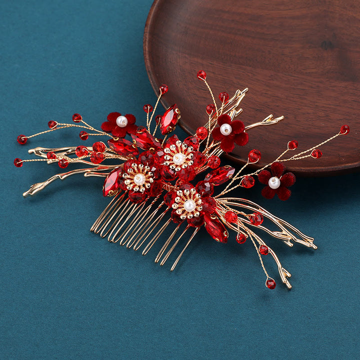 Pettine per capelli con rami di fiori rossi dorati per matrimonio cinese Buddha Stones