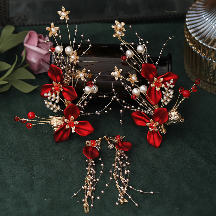 Set di fermagli per capelli con perle e fiori rossi da sposa in stile cinese Buddha Stones
