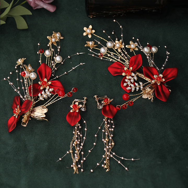 Set di fermagli per capelli con perle e fiori rossi da sposa in stile cinese Buddha Stones