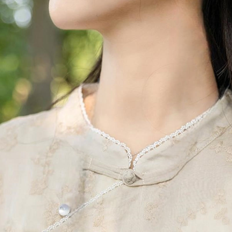 Abito midi in ramie con tasche, colletto obliquo ricamato, manica corta, colletto alto, casual, motivo Buddha Stones