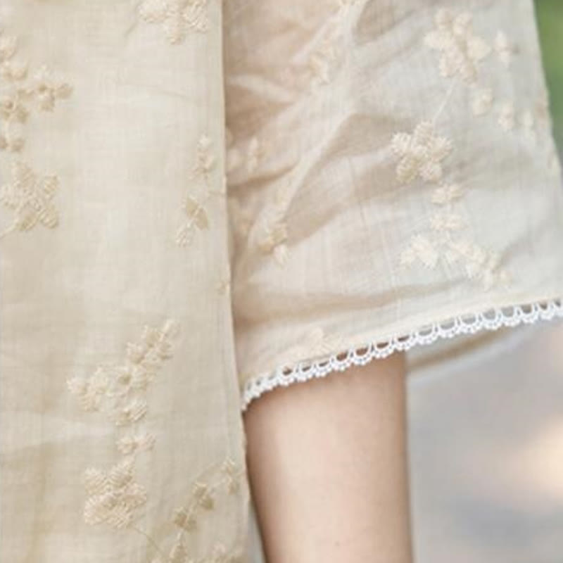 Abito midi in ramie con tasche, colletto obliquo ricamato, manica corta, colletto alto, casual, motivo Buddha Stones - image 6