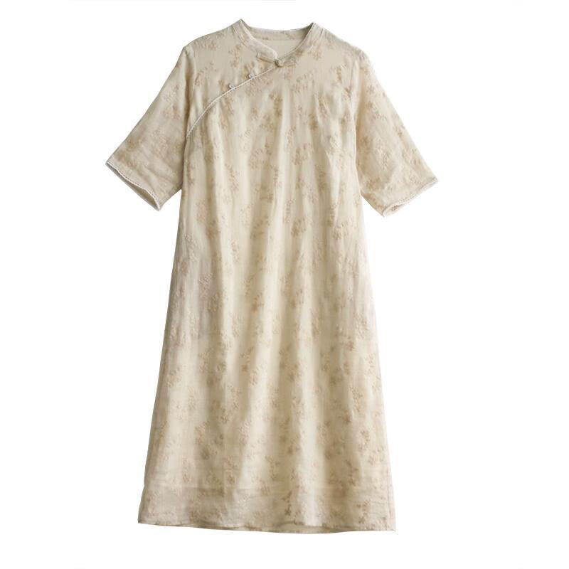 Abito midi in ramie con tasche, colletto obliquo ricamato, manica corta, colletto alto, casual, motivo Buddha Stones