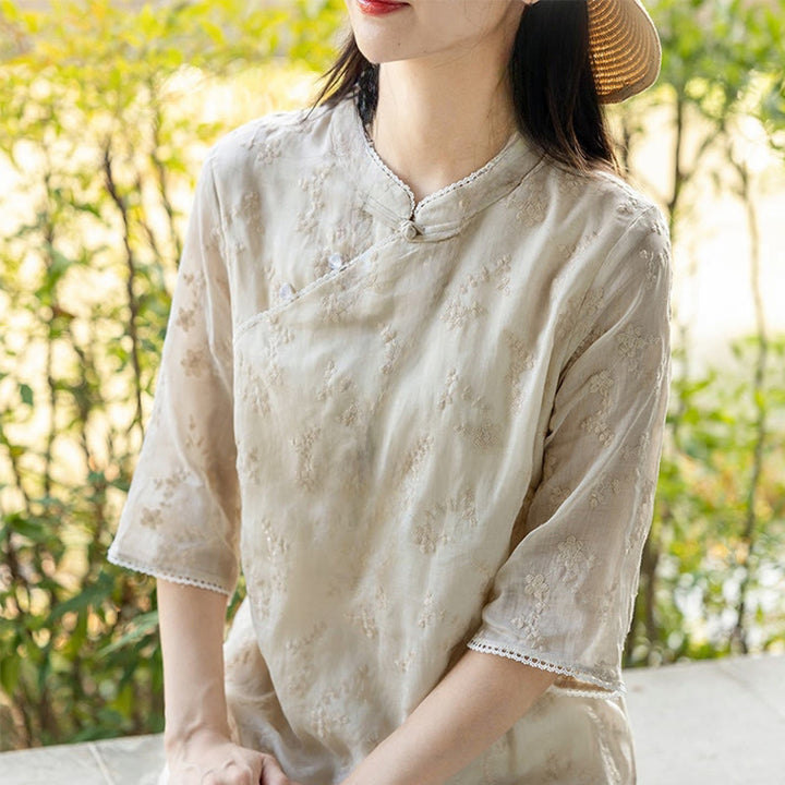 Abito midi in ramie con tasche, colletto obliquo ricamato, manica corta, colletto alto, casual, motivo Buddha Stones - image 3