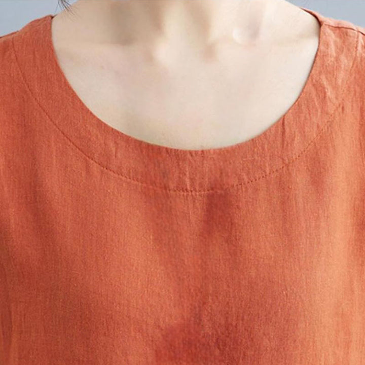 Abito midi casual in cotone e lino con scollo a giro, manica corta, tinta unita, con tasche, stile Buddha Stones