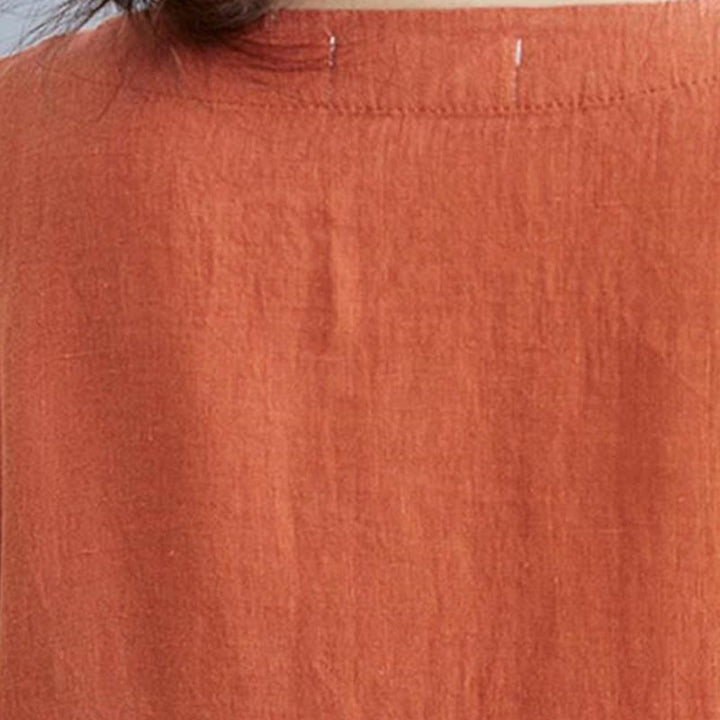 Abito midi casual in cotone e lino con scollo a giro, manica corta, tinta unita, con tasche, stile Buddha Stones