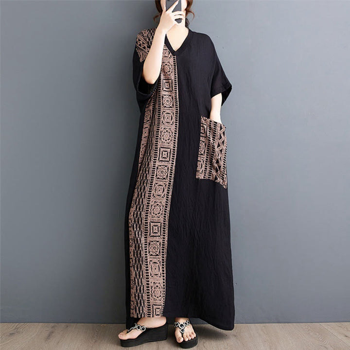 Abito Buddha Stones casual con stampa e tintura in cotone e lino, scollo a V, manica corta, con tasche