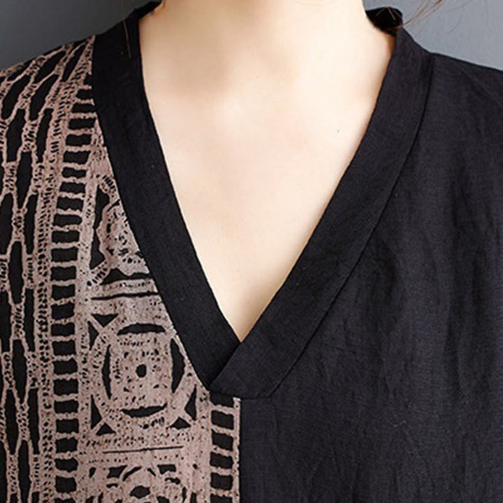 Abito midi casual con stampa Buddha Stones, scollo a V, mezza manica, tasche, in lino e cotone, ampio e tinto