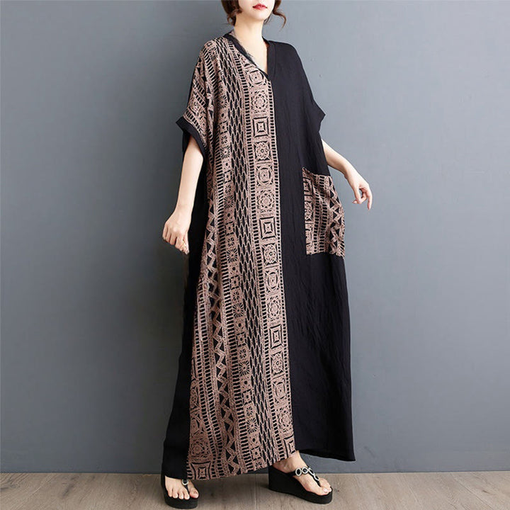 Abito midi casual con stampa Buddha Stones, scollo a V, mezza manica, tasche, in lino e cotone, ampio e tinto
