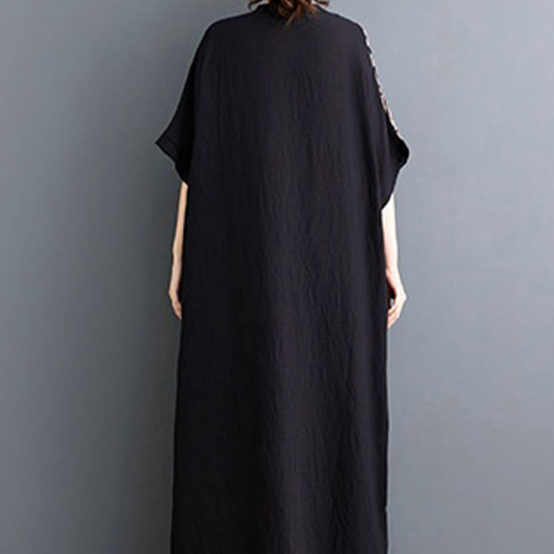 Abito midi casual con stampa Buddha Stones, scollo a V, mezza manica, tasche, in lino e cotone, ampio e tinto - image 2