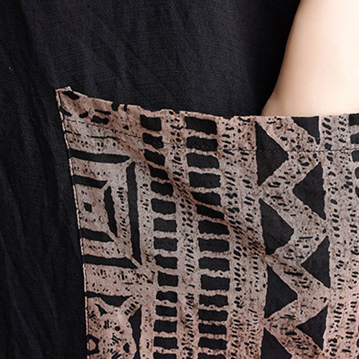 Abito Buddha Stones casual con stampa e tintura in cotone e lino, scollo a V, manica corta, con tasche
