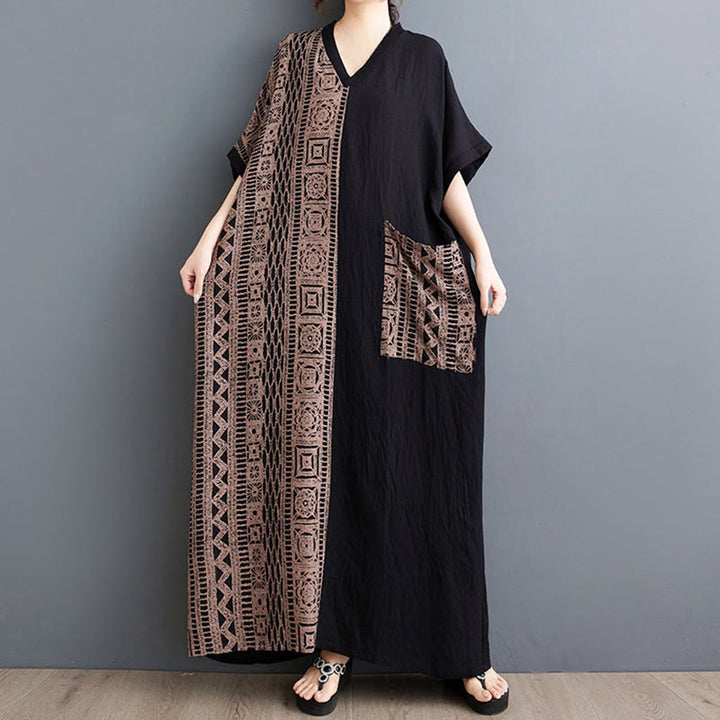 Abito midi casual con stampa Buddha Stones, scollo a V, mezza manica, tasche, in lino e cotone, ampio e tinto