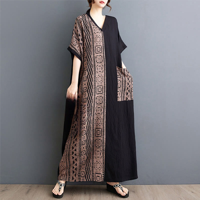 Abito midi casual con stampa Buddha Stones, scollo a V, mezza manica, tasche, in lino e cotone, ampio e tinto