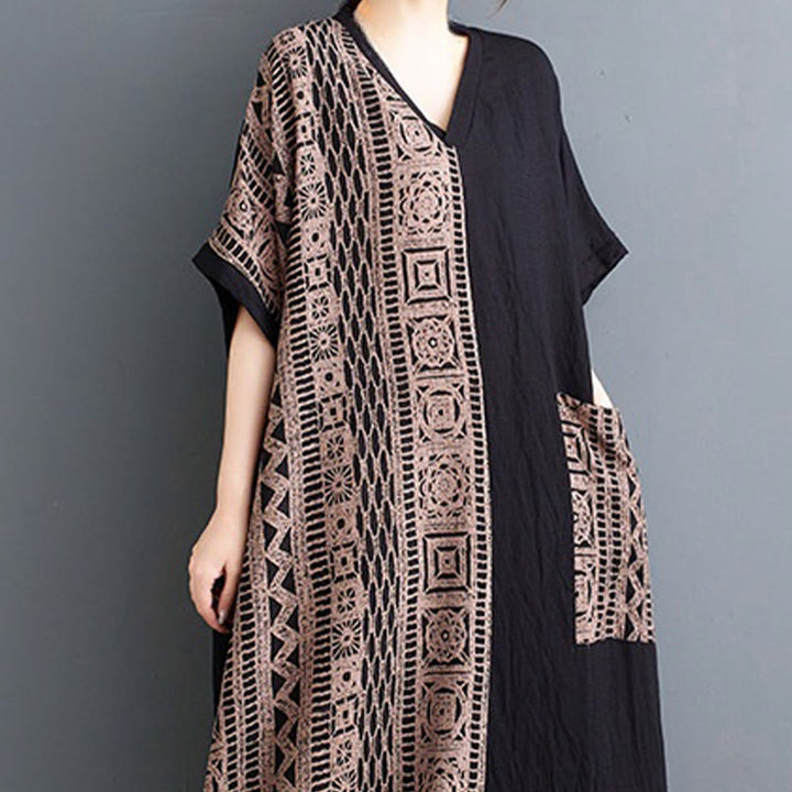 Abito midi casual con stampa Buddha Stones, scollo a V, mezza manica, tasche, in lino e cotone, ampio e tinto