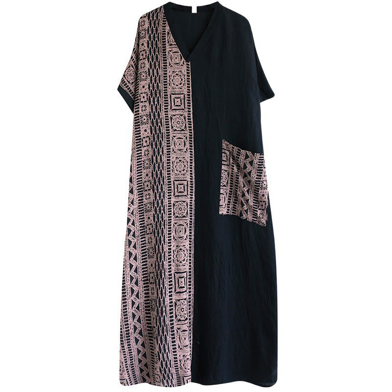 Abito midi casual con stampa Buddha Stones, scollo a V, mezza manica, tasche, in lino e cotone, ampio e tinto